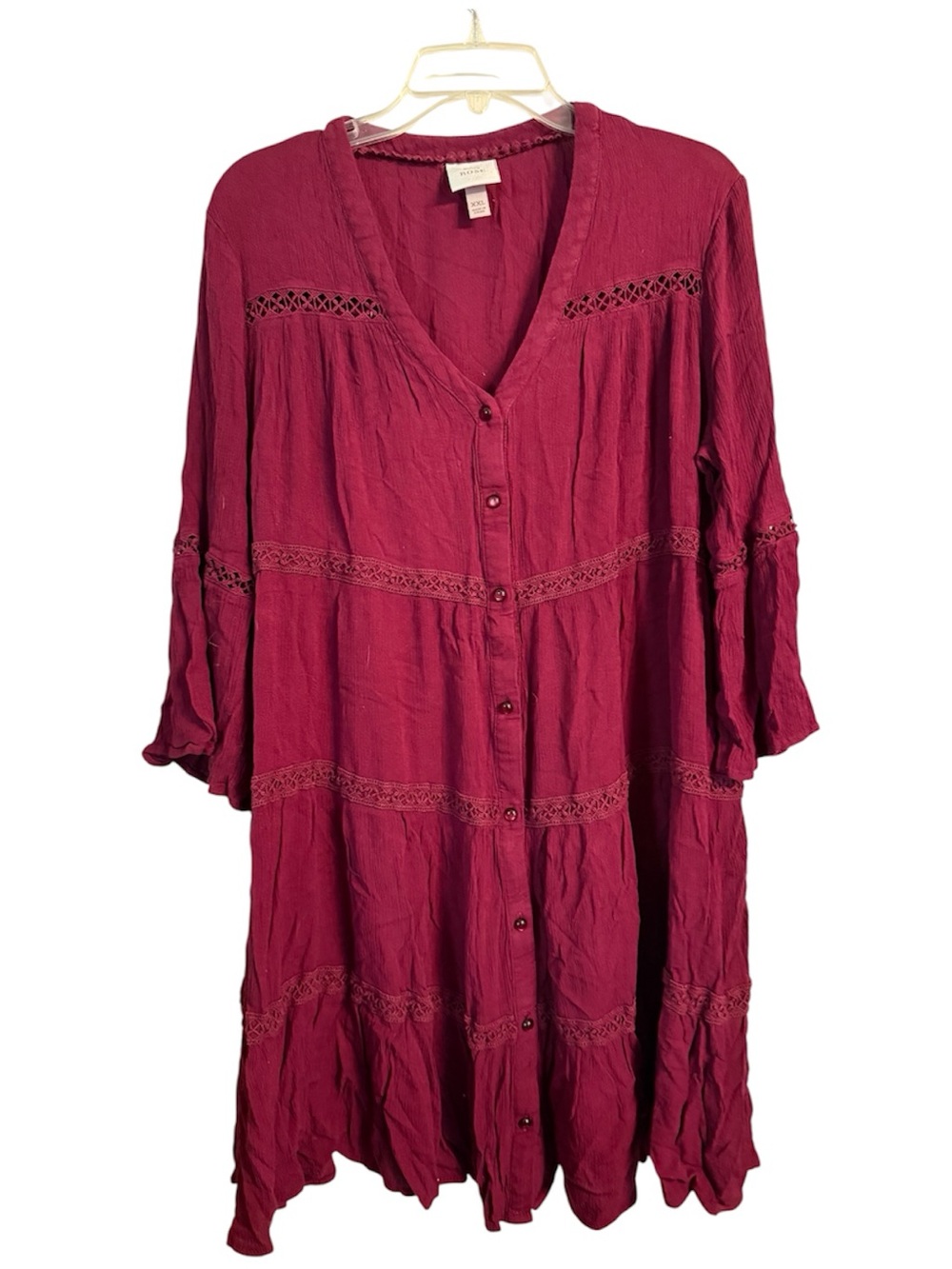 Burgundy Rayon Gauze Lace Tiered Bell Sleeves Boho Fall Dress XXL - Picture 2 of 7